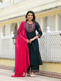 Juniper Women's Green Solid Nylon Kurta Pant With Dupatta Set With Thread & Mirror Work | Grocsy