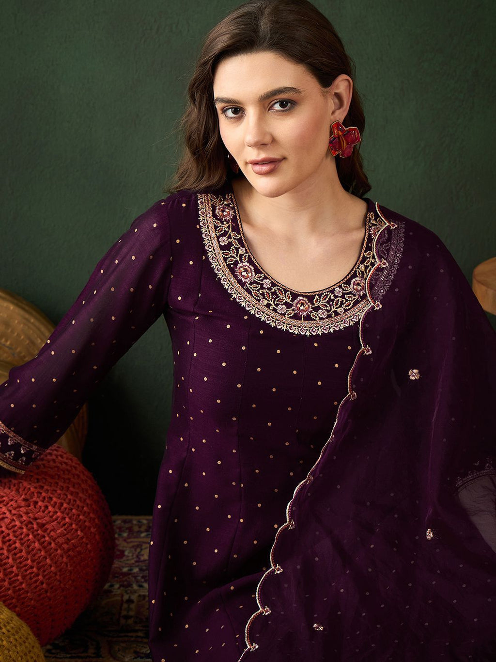 Sangria Floral Embroidered Kurta with Trouser & Dupatta | Grocsy