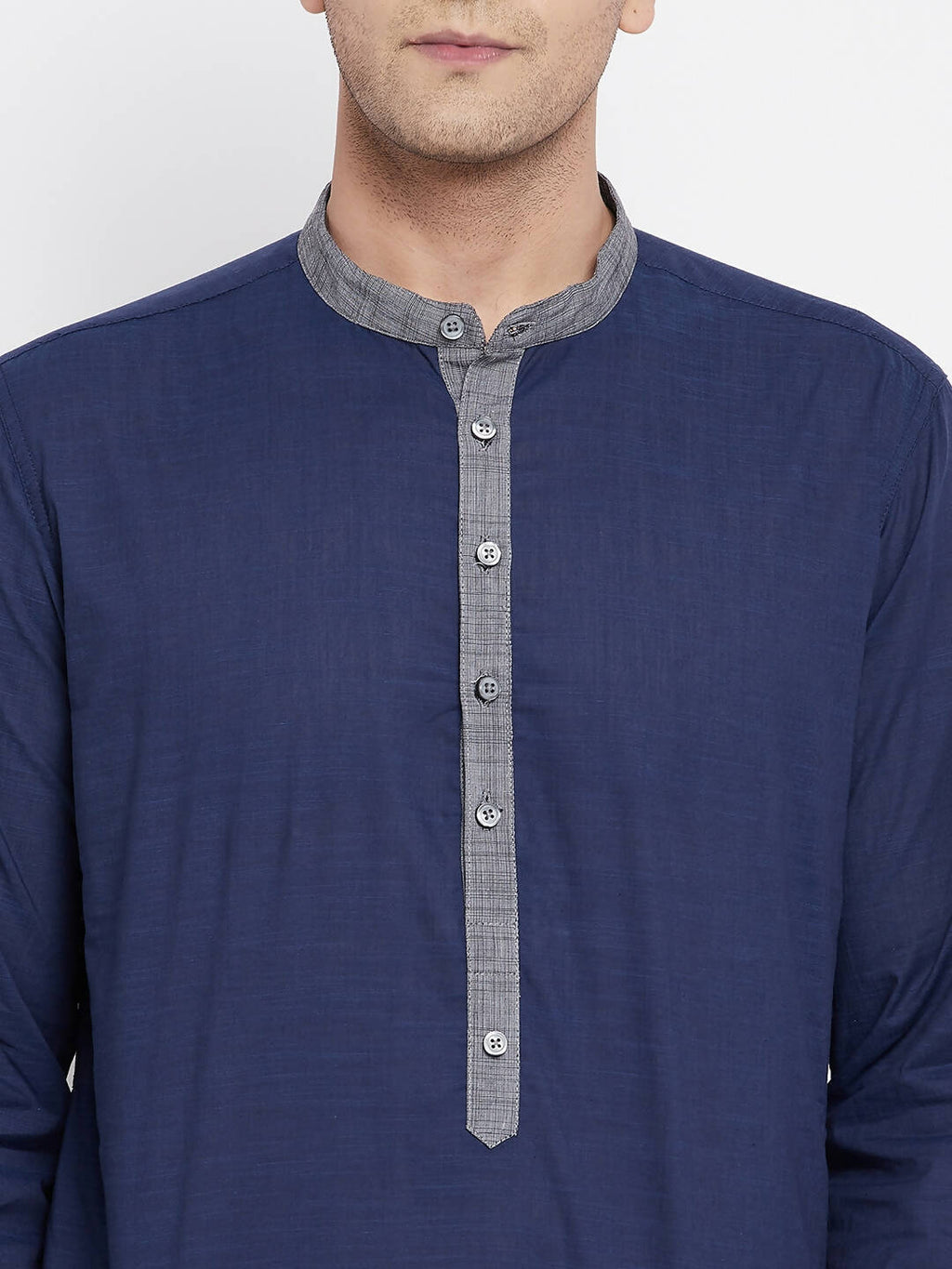 Even Apparels Blue Pure Cotton Men's Kurta With Contrast Collar And Placket | Grocsy