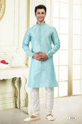 Raivat Ethnic Jacquard Art Silk Thread Work Kurta Pajama In Sky Blue Colour | Grocsy