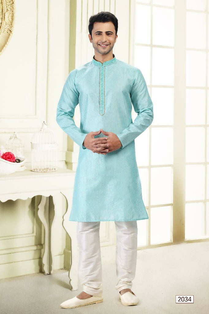 Raivat Ethnic Jacquard Art Silk Thread Work Kurta Pajama In Sky Blue Colour | Grocsy