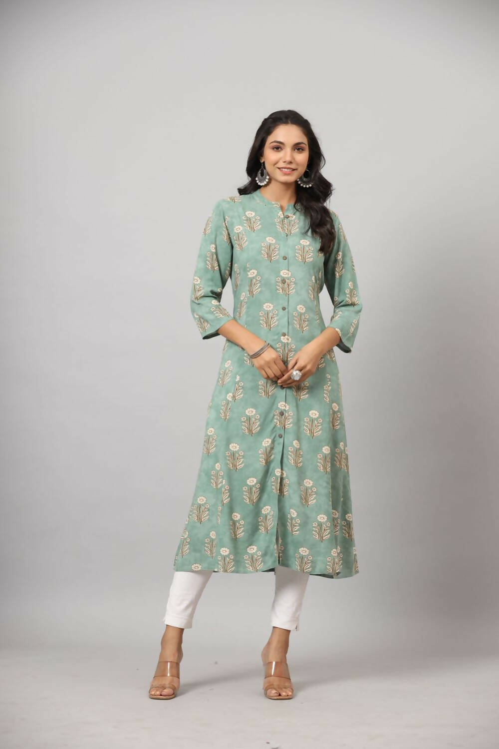 Juniper Women's Green Printed A-Line Kurta | Grocsy