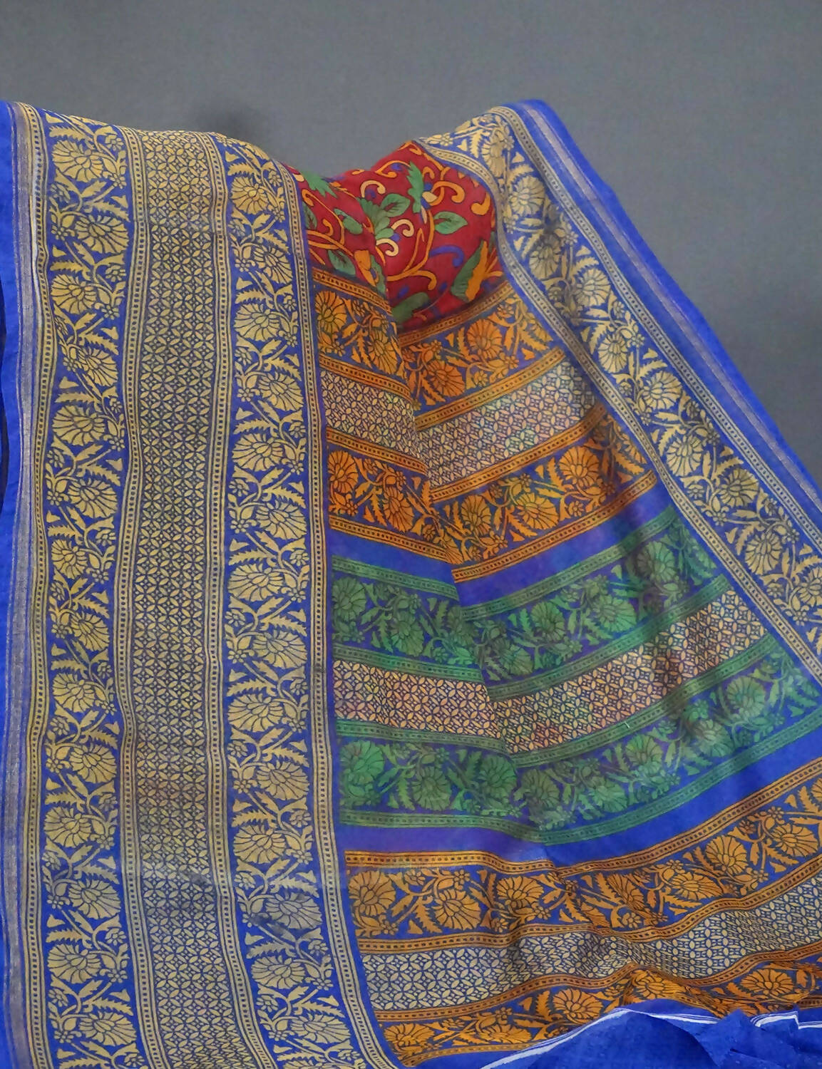 Vibrant Combination Of Maroon Red Kalamkaari Design Semi Chanderi Saree With Contrast Blouse By Gayathri Reddy Designer Studio | Grocsy