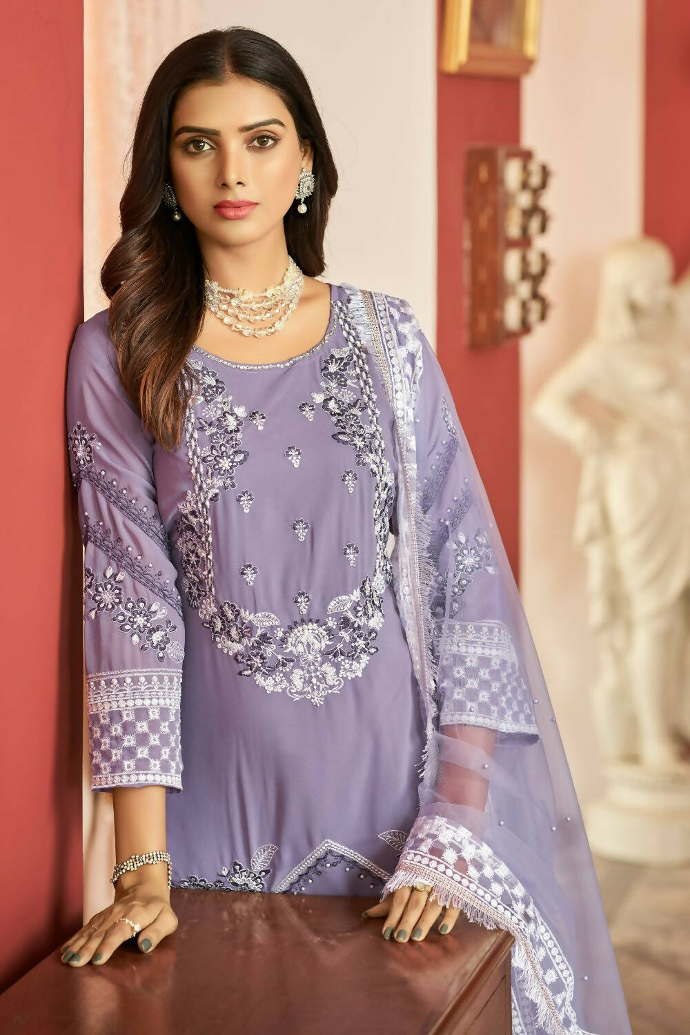 Lavender Heavy Faux Georgette Embroidered Semi Stitched Suit - Dhvani | Grocsy