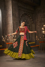 Green Viscose Rayon Thread Embroidered Navratri Lehenga Choli with Dupatta - Raas | Grocsy