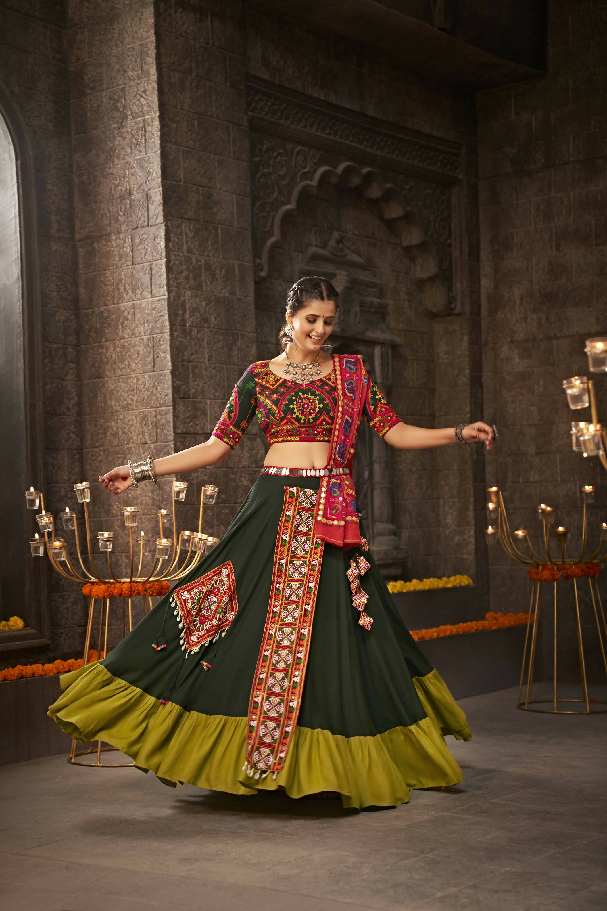 Green Viscose Rayon Thread Embroidered Navratri Lehenga Choli with Dupatta - Raas | Grocsy