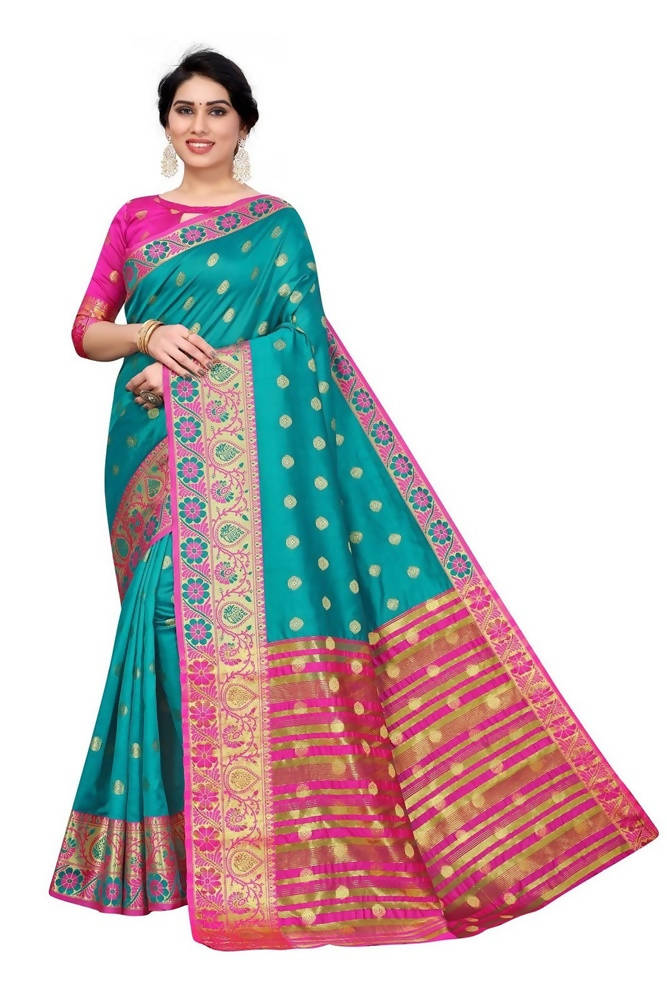 Vamika Cotton Rich Silk With Jacquard Weaving Rama Green Saree | Grocsy