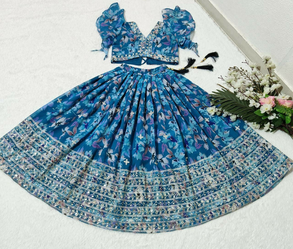 Jyoti Fashion Beautiful Blue Faux Georgette Digital Printed with Sequins Embroidered Kids Lehenga Choli Set | Grocsy
