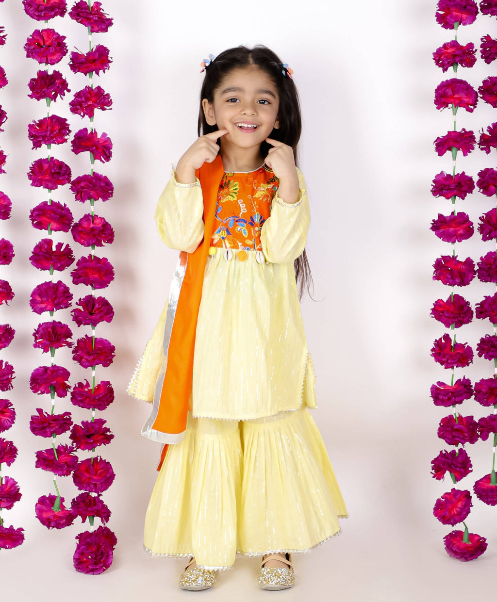 Little Bansi Girls Yellow & Orange Color Mirror work Kurta frock with Sharara & Dupatta | Grocsy