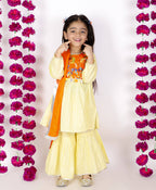 Little Bansi Girls Yellow & Orange Color Mirror work Kurta frock with Sharara & Dupatta | Grocsy