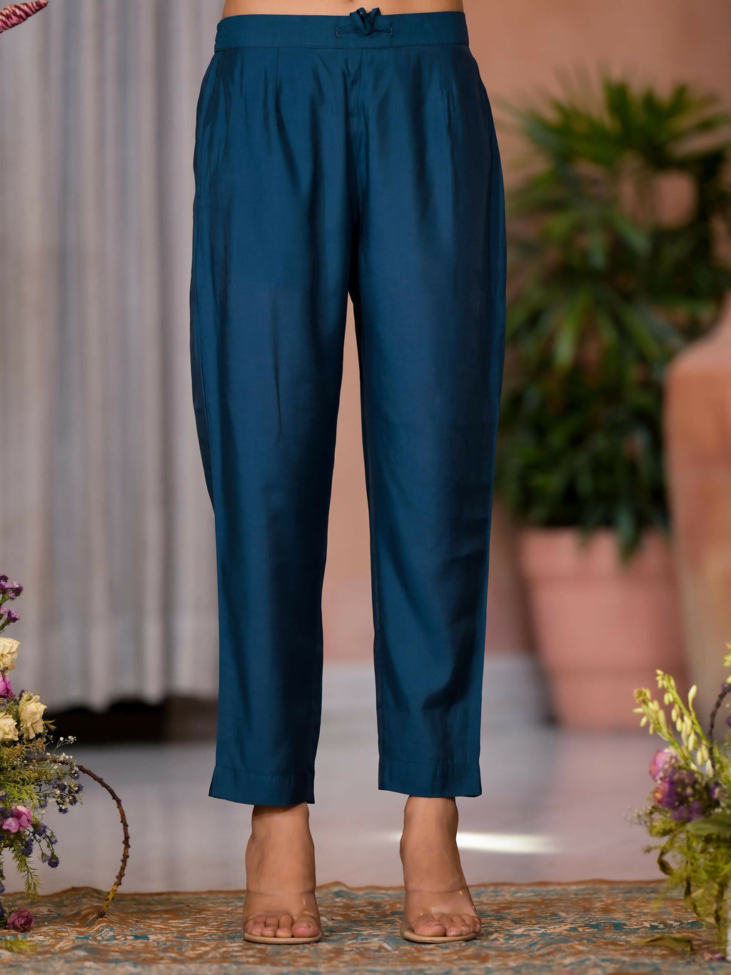 Juniper Women's Teal Thread Work Embroidered Viscose Kurta Pant And Dupatta Set With Buttons Work | Grocsy