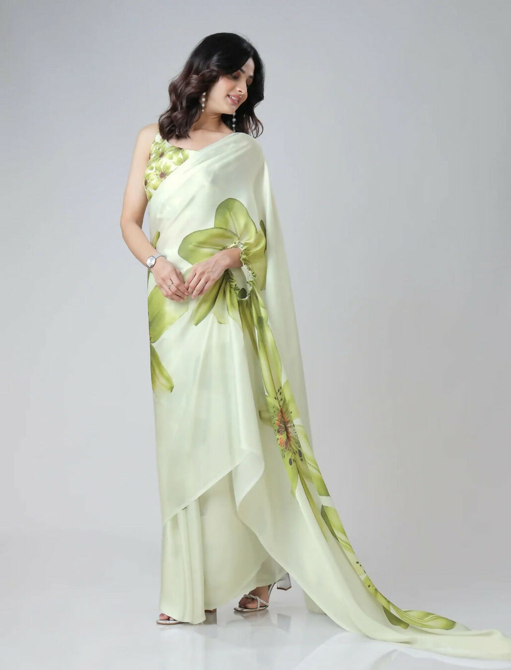 Vastranavya Mint Green Freehand Floral Print Ready to Wear Saree | Grocsy