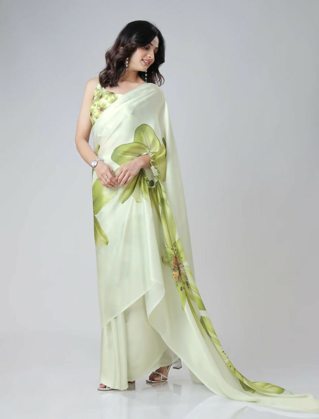 Vastranavya Mint Green Freehand Floral Print Ready to Wear Saree | Grocsy