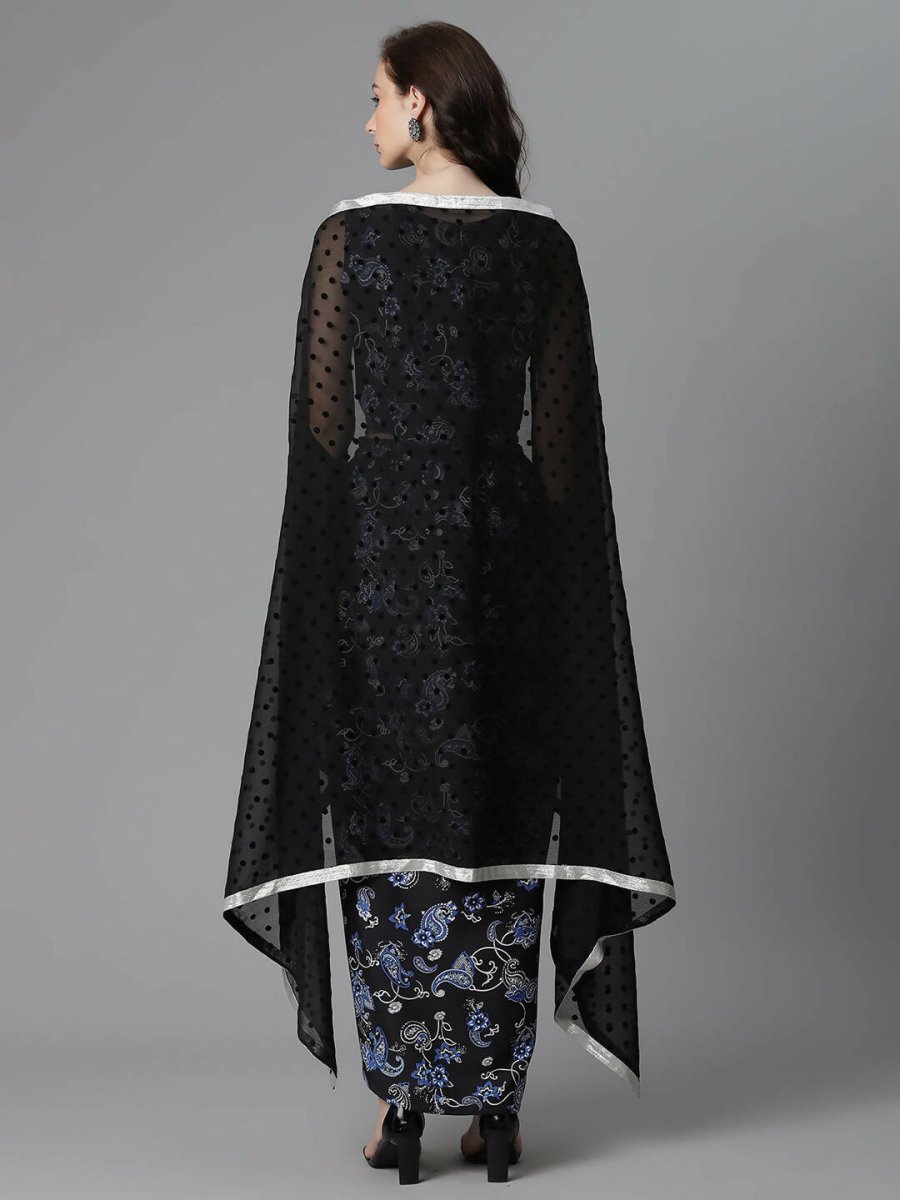 Ahalyaa Women's Black Color Crepe Digital Print Top Skirt With Shrug | Grocsy
