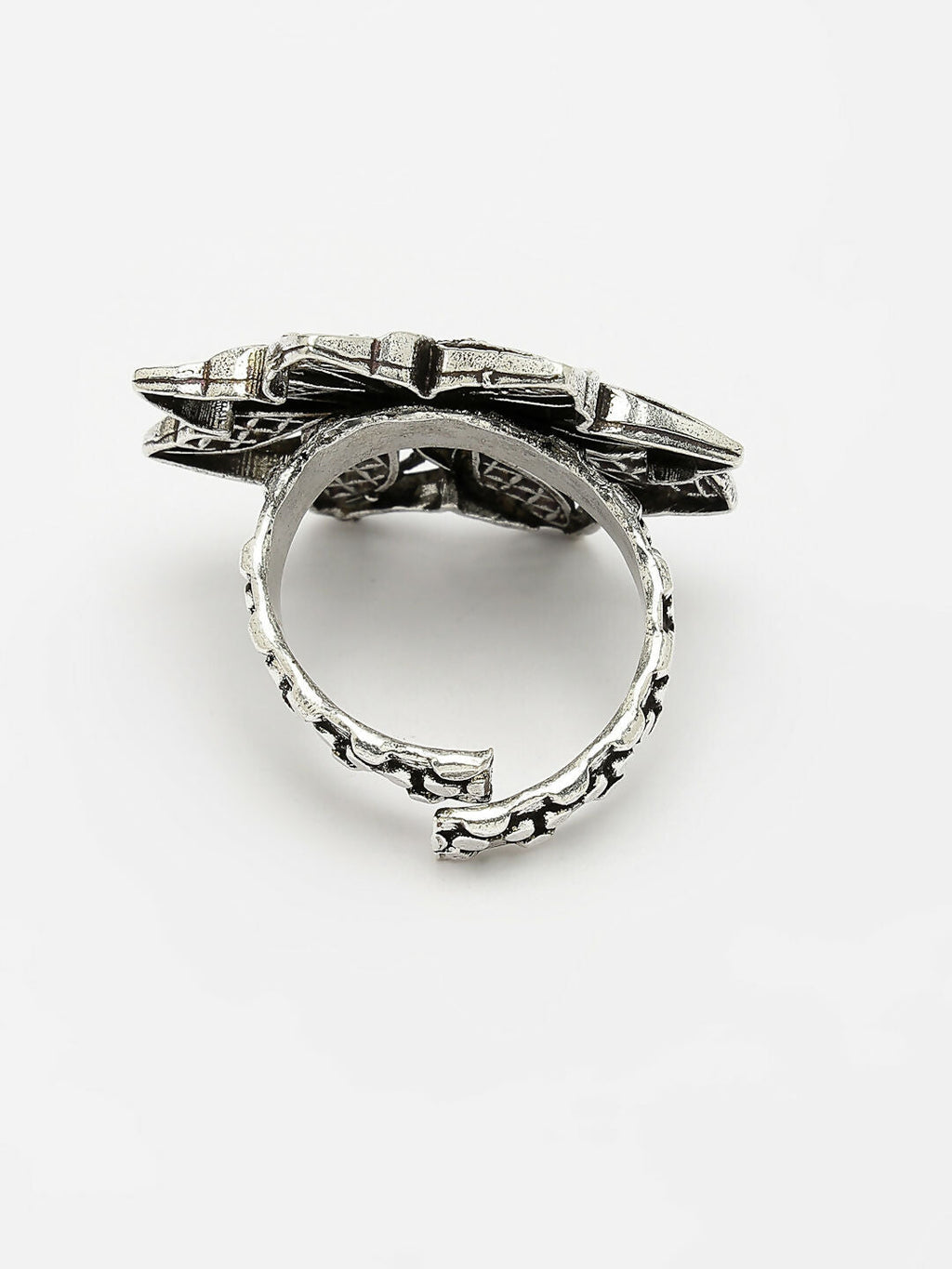 NVR Women's Silver-Toned Floral Shape Adjustable Finger Ring | Grocsy
