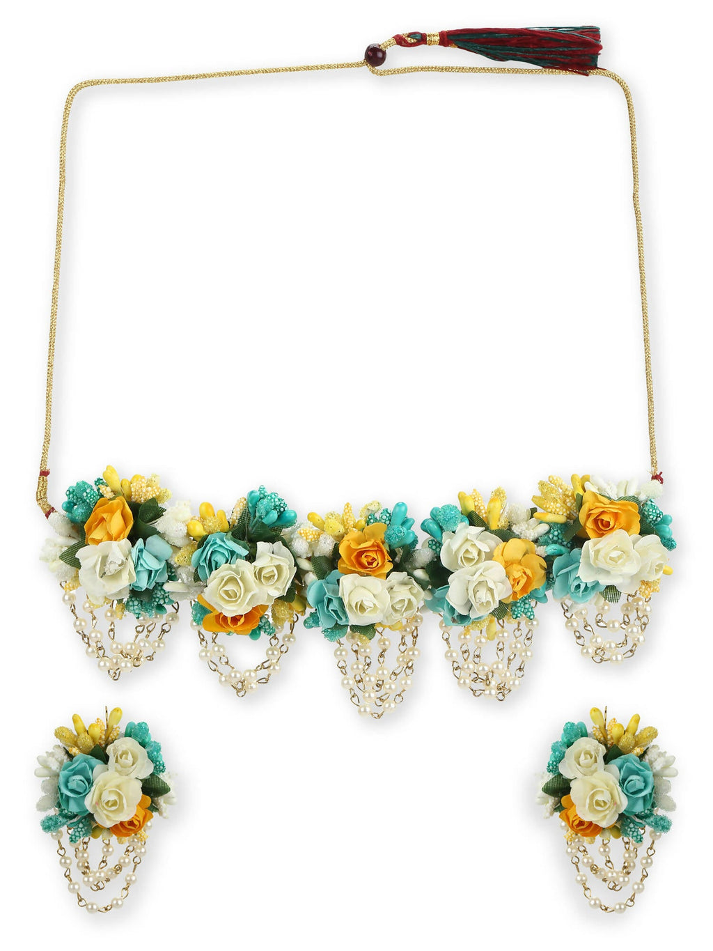 Flower Jewellery Gold-Polished Turquoise Blue Floral Jewellery Set - Ruby Raang | Grocsy