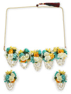 Flower Jewellery Gold-Polished Turquoise Blue Floral Jewellery Set - Ruby Raang | Grocsy