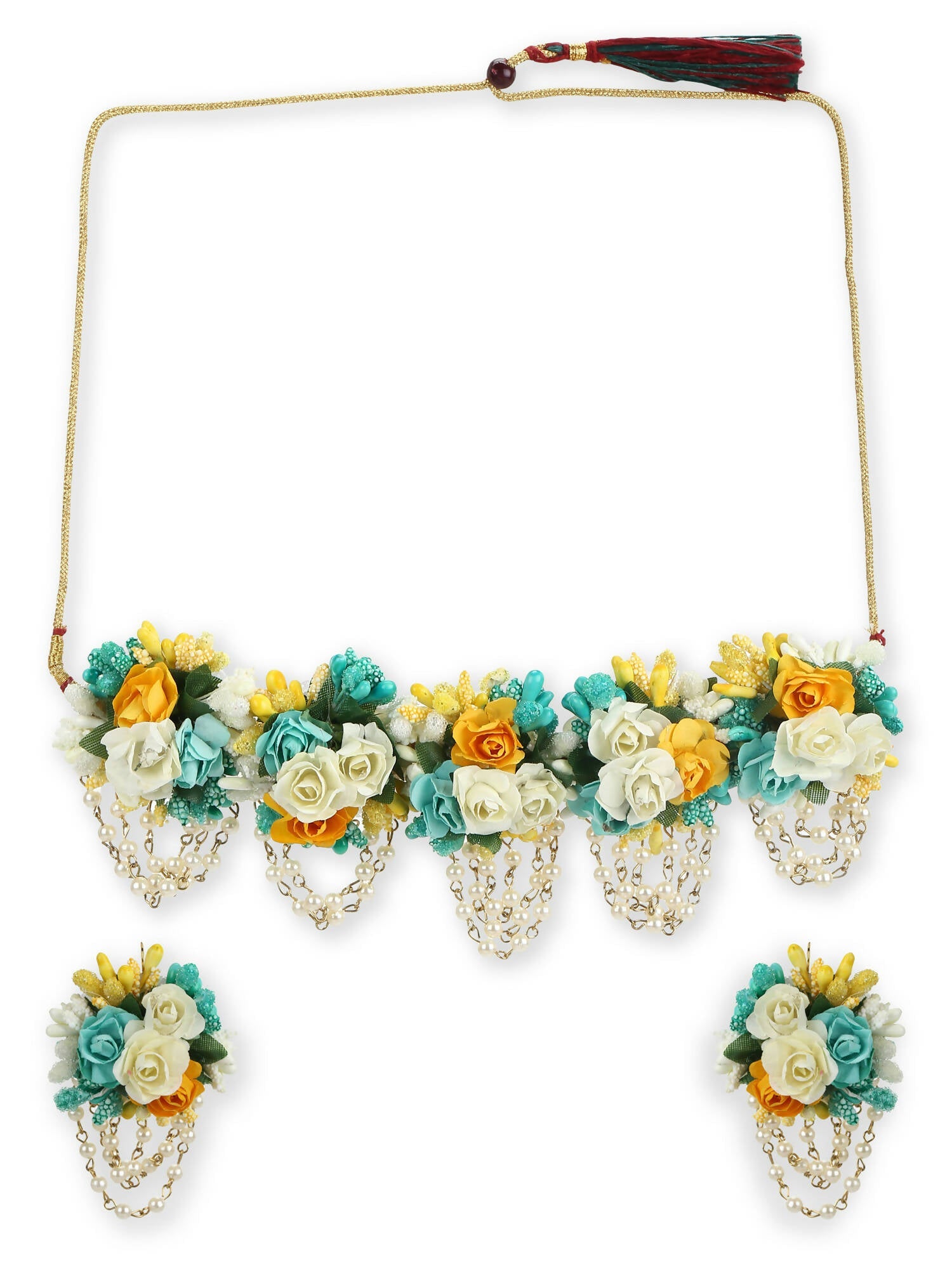 Flower Jewellery Gold-Polished Turquoise Blue Floral Jewellery Set - Ruby Raang | Grocsy