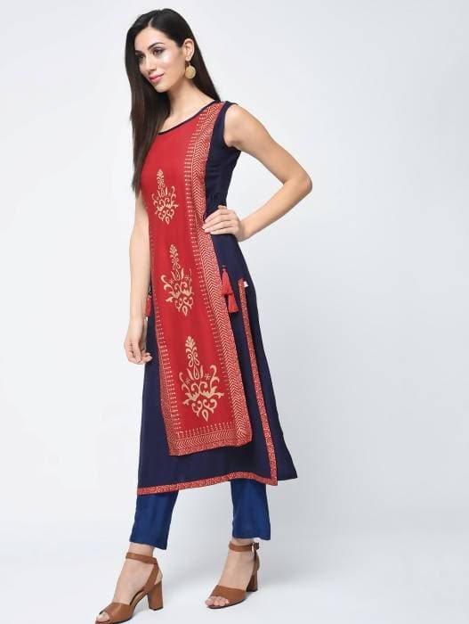 Aniyah Rayon Block Printed Layered Kurta In Red (AN-120K) | Grocsy