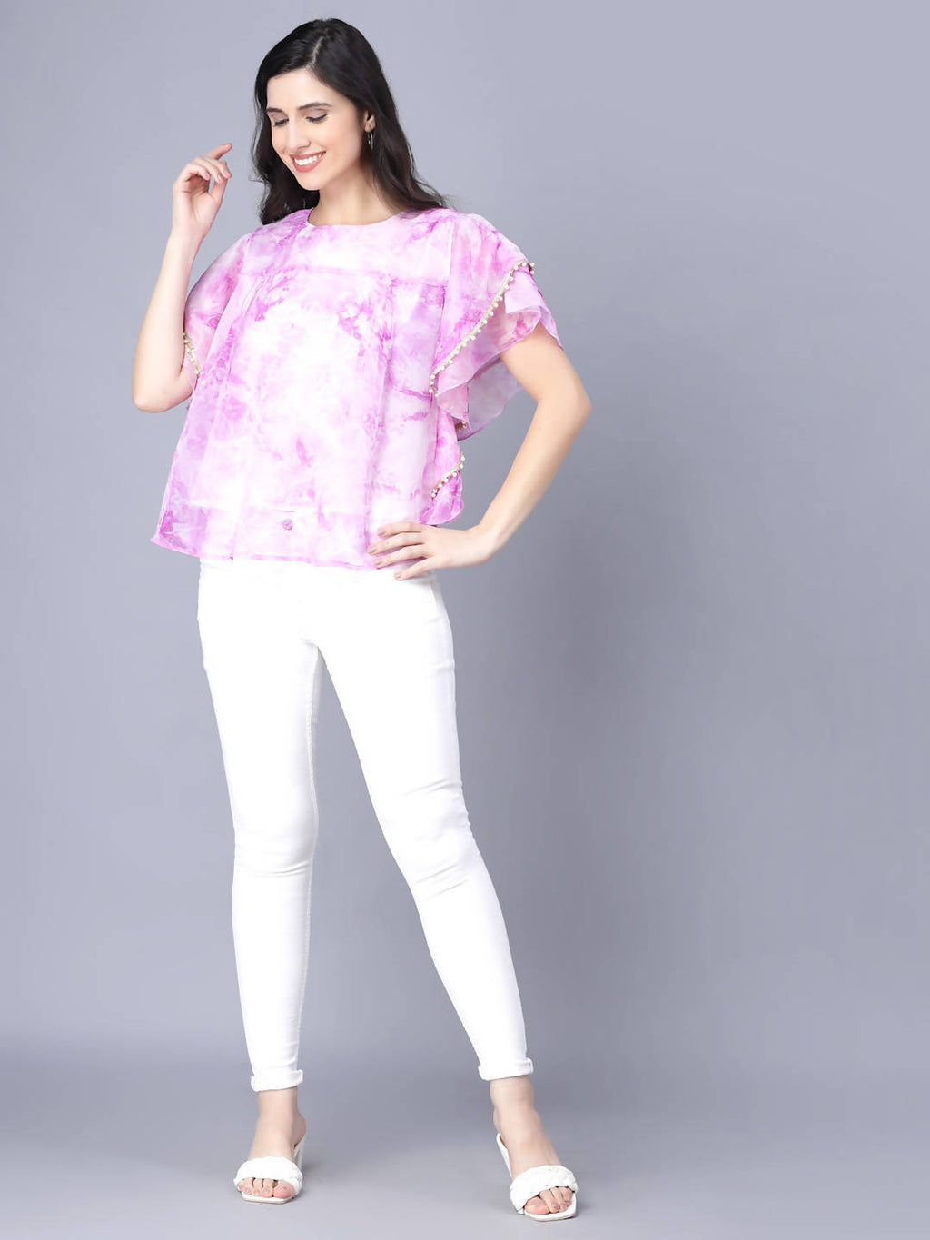 Myshka Organza Printed Short Sleeve Round Pink Women Top | Grocsy