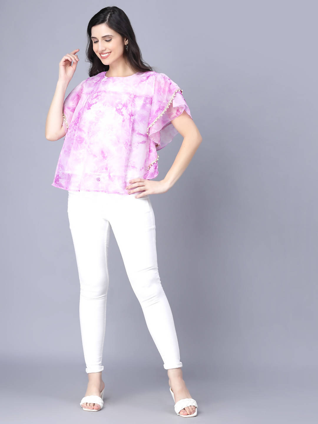 Myshka Organza Printed Short Sleeve Round Pink Women Top | Grocsy