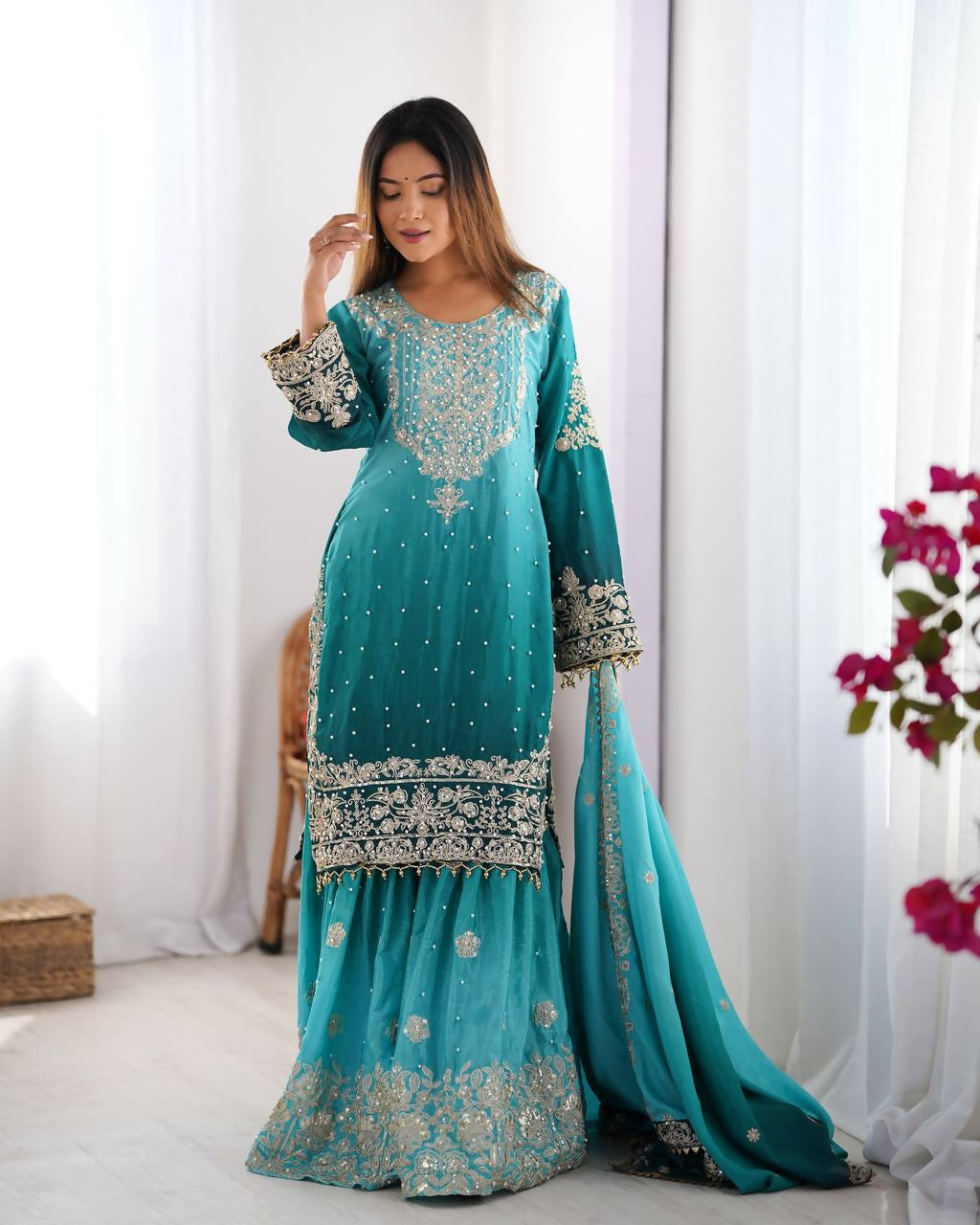 The52 Women's Beautiful Chinon silk Fabric Embroidery Work Straight Kurta Palazzo and Dupatta Set | Grocsy