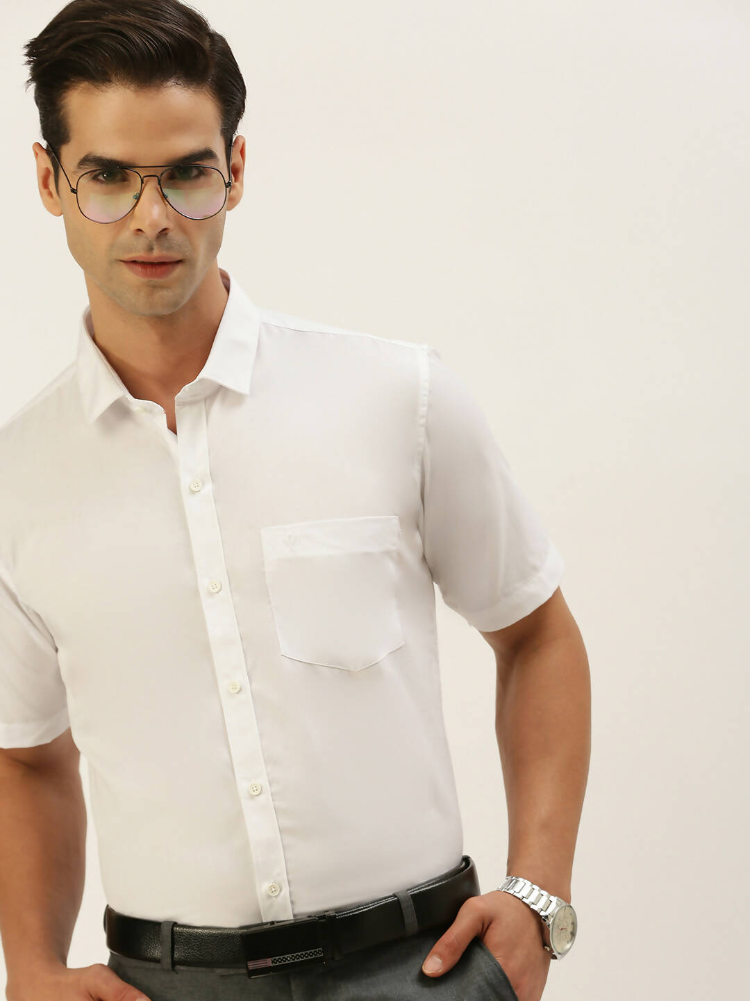 Ramraj Cotton Mens Half Sleeve Formal Poly Cotton White Shirt | Grocsy