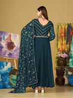 Jyoti Fashion Women's Teal Georgette Embroidered Anarkali Kurta Pant Set With Dupatta | Grocsy
