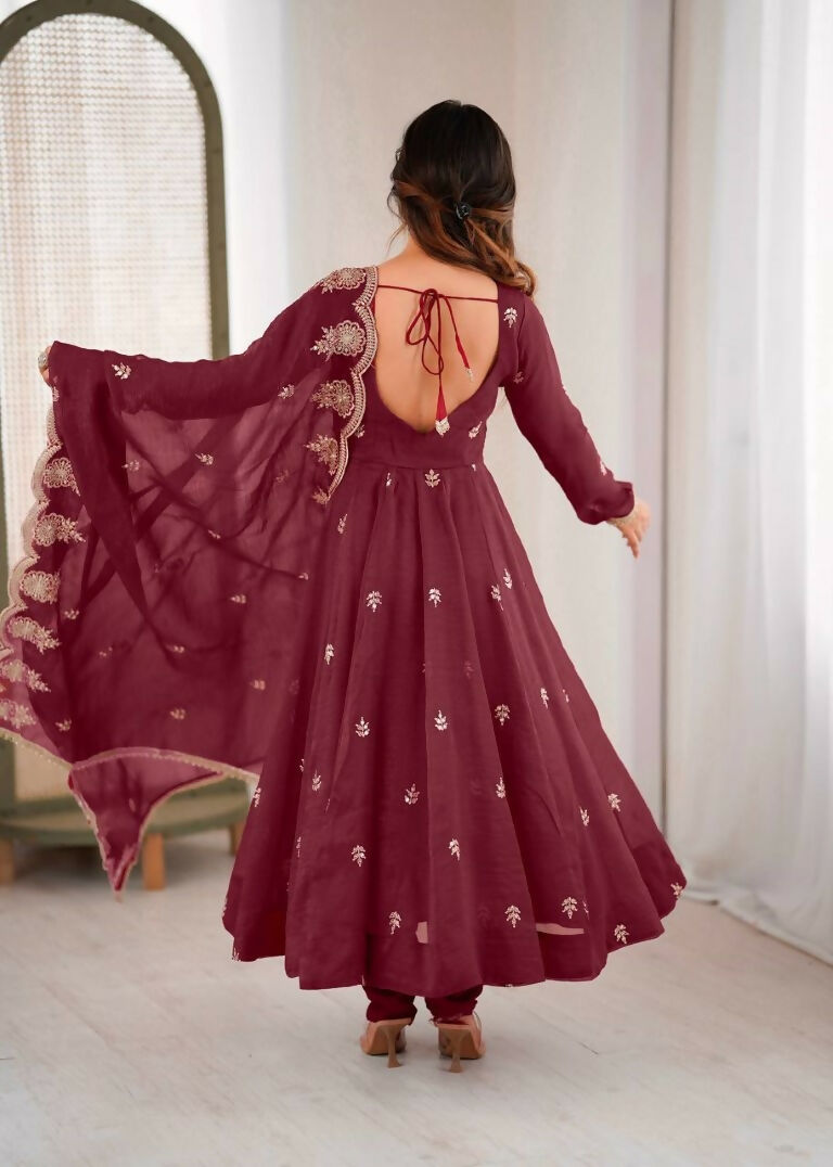 Teeya Creation Maroon Color Crunchy Silk Embroidery Work Wedding Wear Gown | Grocsy