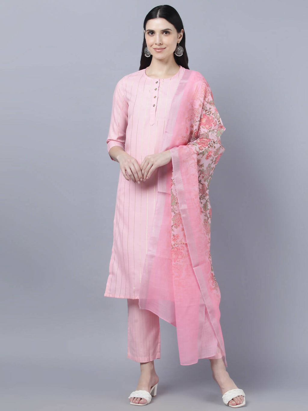 Myshka Women Pink Panelled Pure Cotton Kurta with Trousers With Dupatta Set | Grocsy