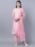 Myshka Women Pink Panelled Pure Cotton Kurta with Trousers With Dupatta Set | Grocsy