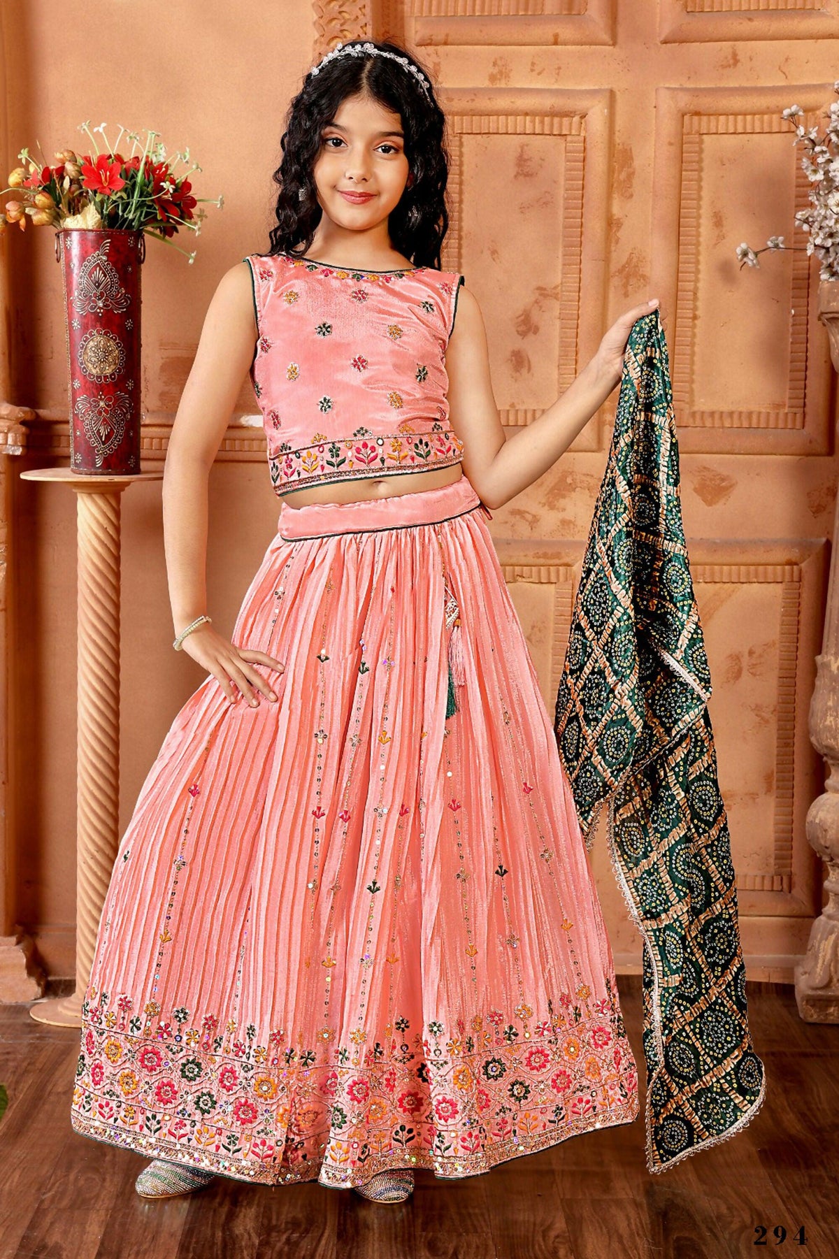 Kids Functional Designer Peach Chinon Fab Lehenga choli - Aaradhna | Grocsy