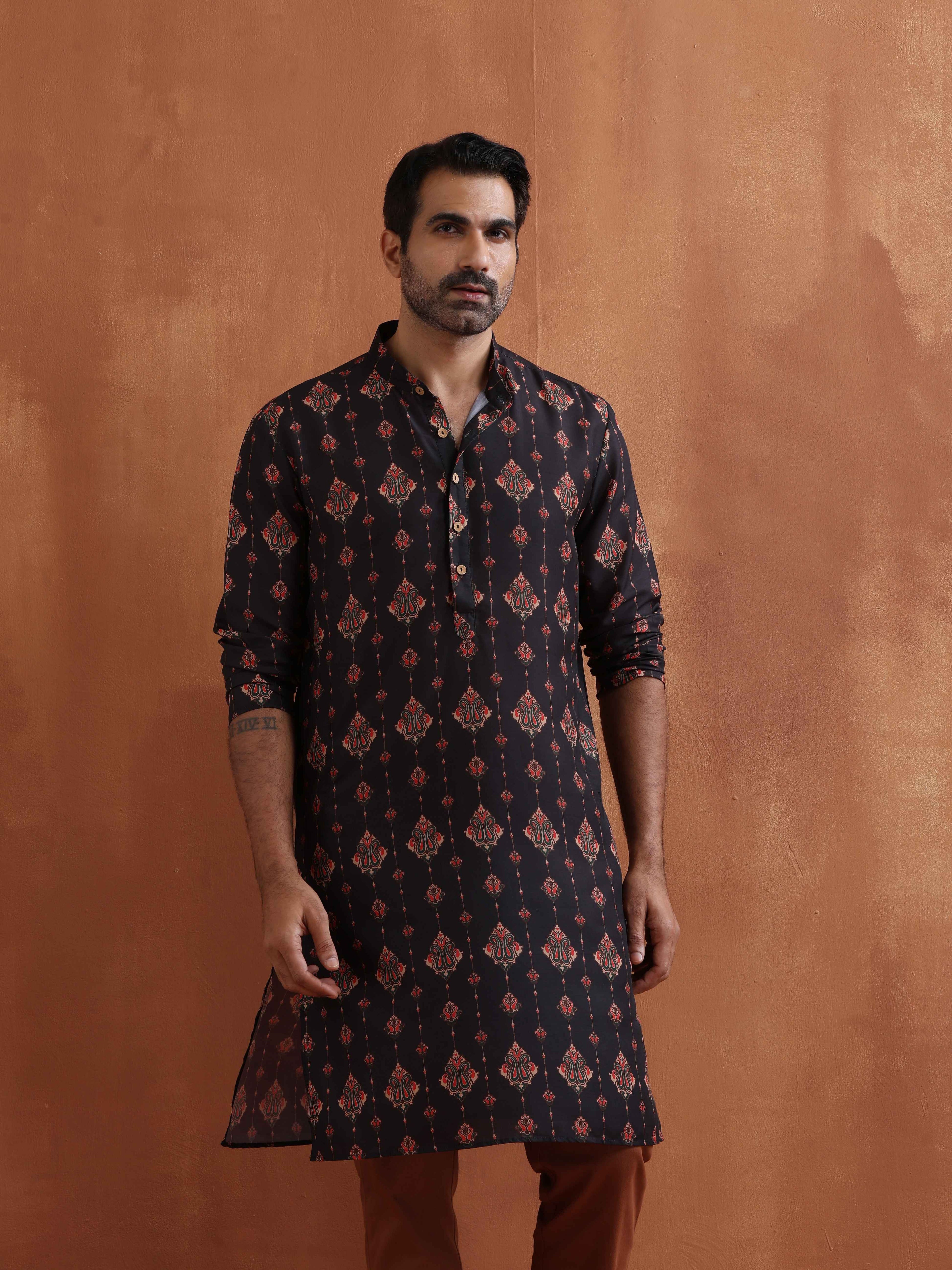 trueBrowns Men's Black Printed Kurta | Grocsy