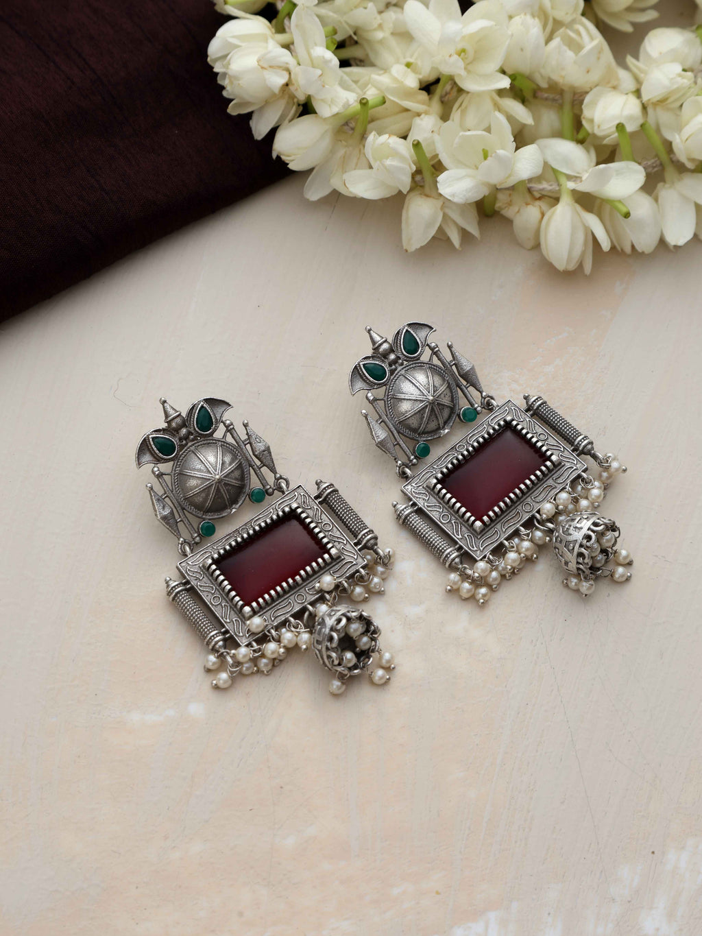 trueBrowns Silver Tone Red Stone Dangle Earrings | Grocsy