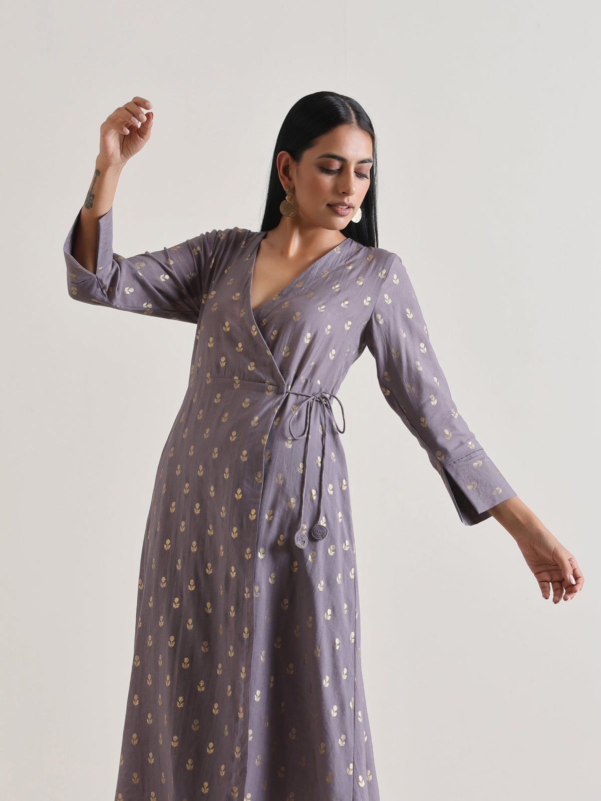 trueBrowns Plum Grey Foil Angrakha Kurta Set | Grocsy