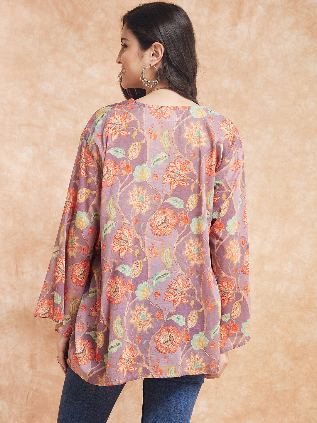 InWeave Women's Dove Grey Floral Digital Print Kaftan Boho Top | Grocsy
