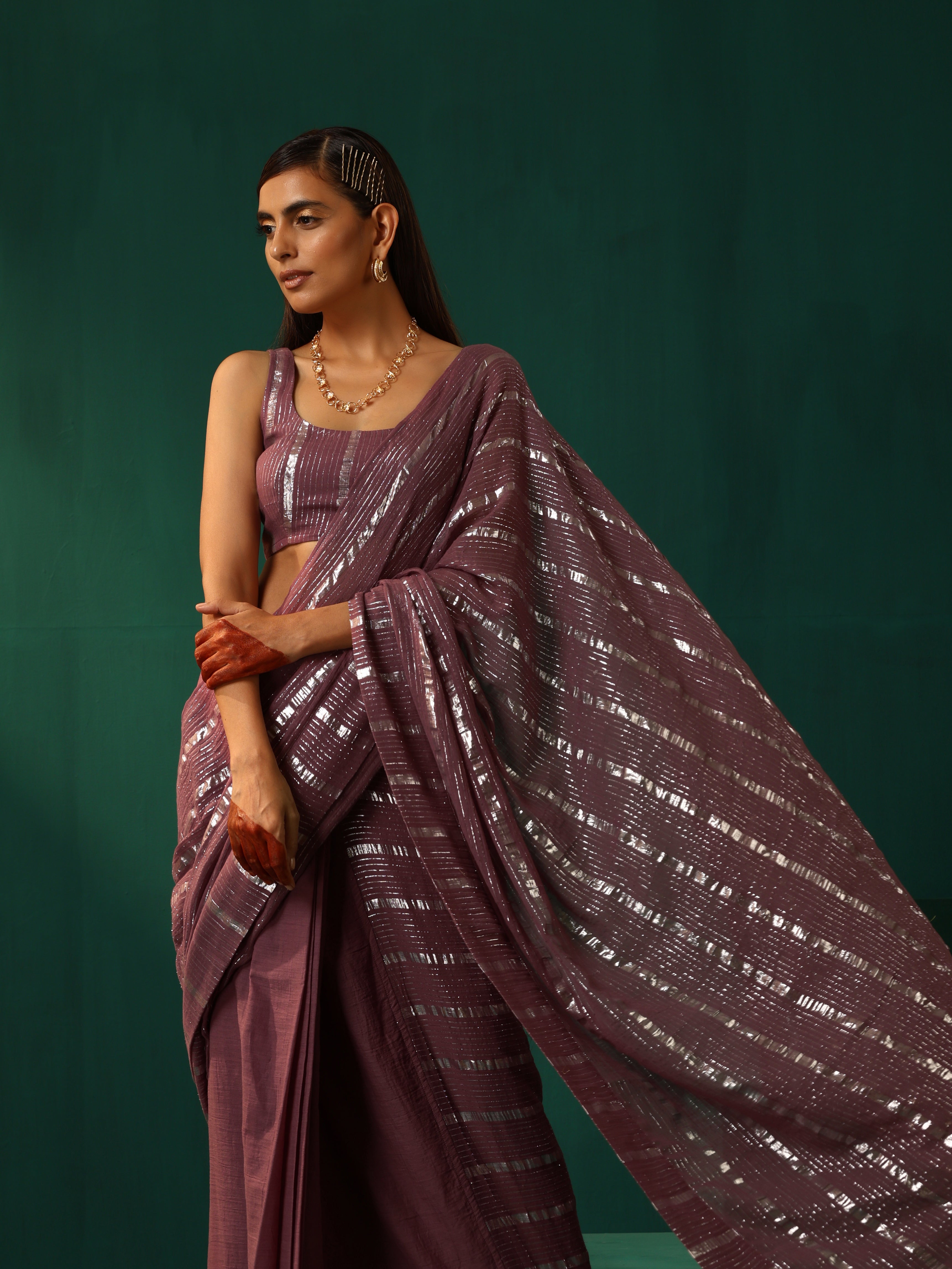 trueBrowns Mauve Cotton Silver Lurex Striped Ready to Wear Saree | Grocsy