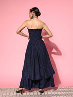 InWeave Women's Navy Blue Mirror Work Off Shoulder Kurta Set | Grocsy