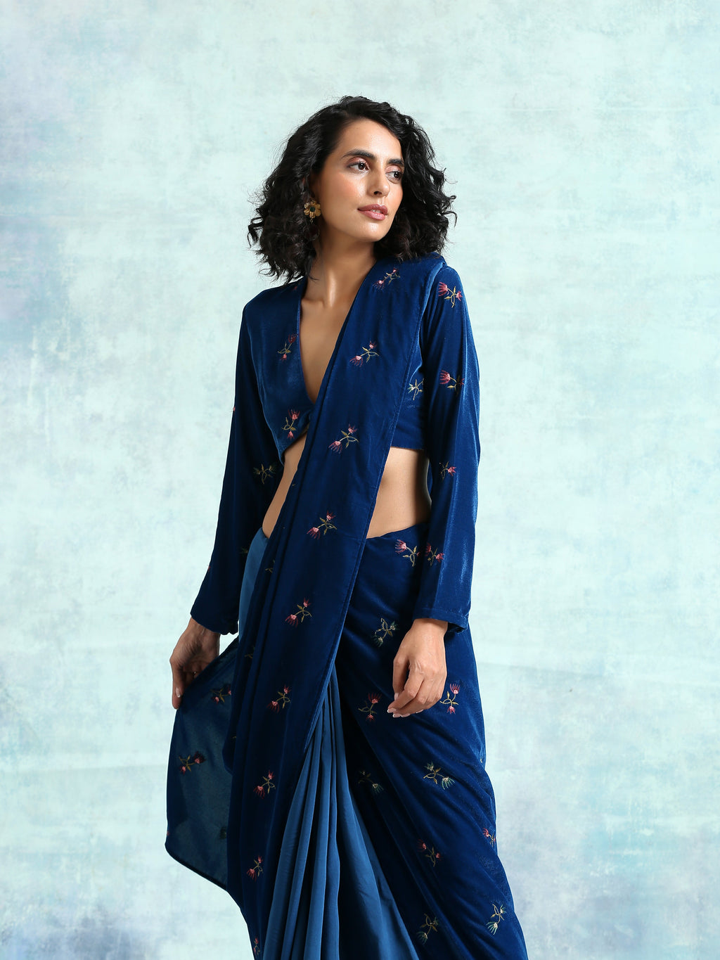 trueBrowns Blue Embroidered Velvet Ready to Wear Saree | Grocsy