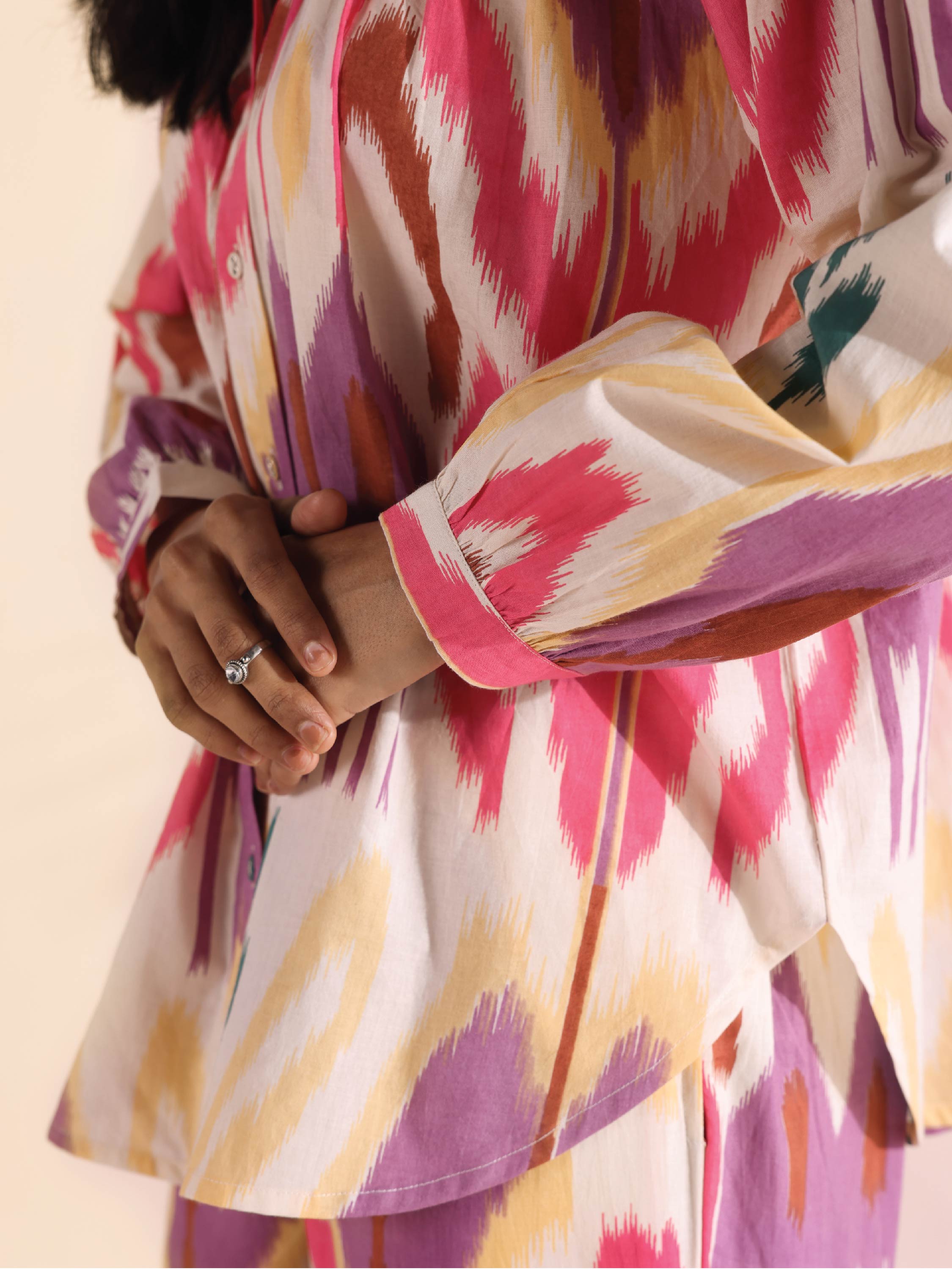 trueBrowns Pink Cotton Ikat Shirt Co-ord Set | Grocsy