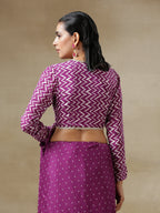 trueBrowns Purple Bandhani Printed Silk Full Sleeve Blouse | Grocsy
