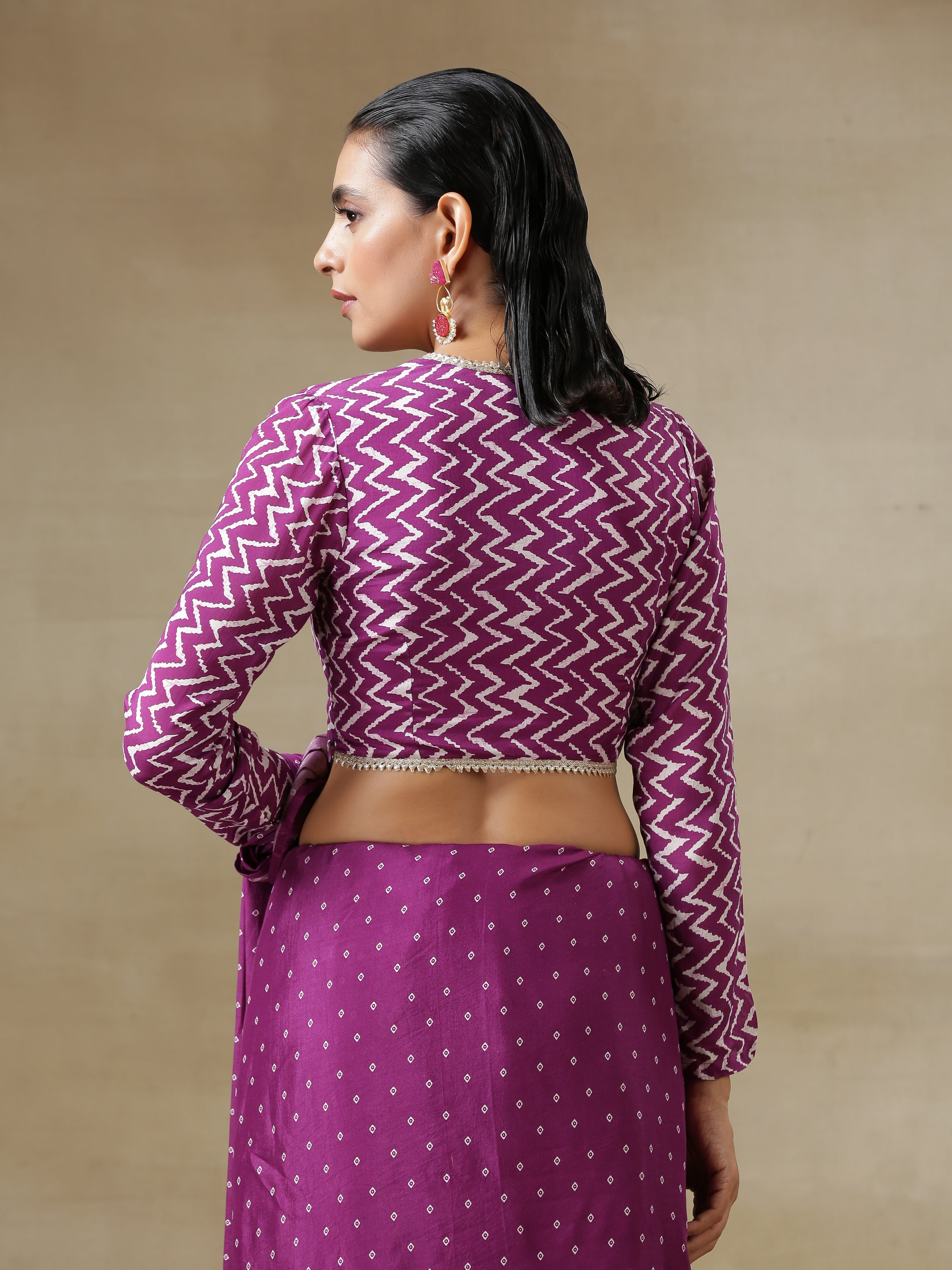 trueBrowns Purple Bandhani Printed Silk Full Sleeve Blouse | Grocsy