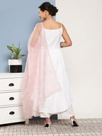 InWeave Women's Cream Strappy With Pink White Chintz Organza Dupatta | Grocsy