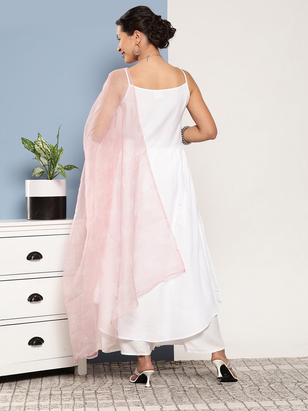 InWeave Women's Cream Strappy With Pink White Chintz Organza Dupatta | Grocsy