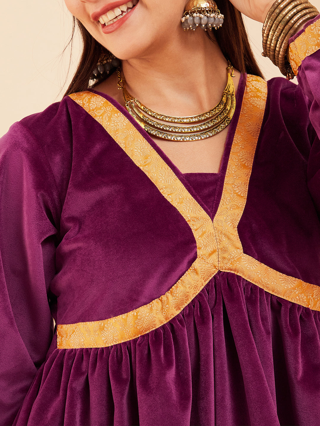 InWeave Women's Wine Mughal Shaan Style Velvet Short Kurta Set | Grocsy