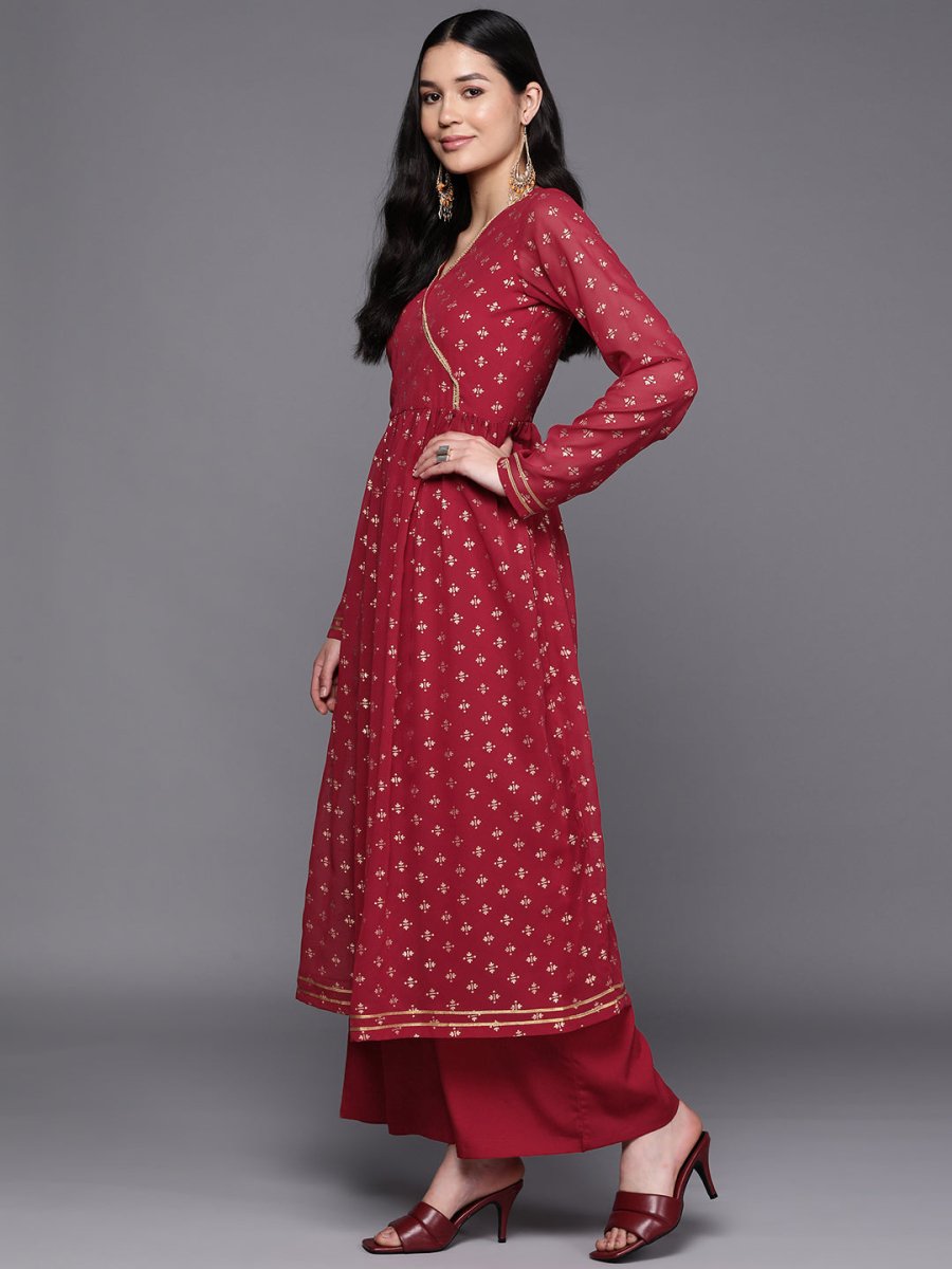 Ahalyaa Women Maroon Floral Empire Kurta with Palazzos | Grocsy