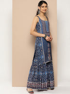 KSUT (House of Varanga) Blue Color Strap Style Digital Printed Kurta With Printed Sharara And Net Dupatta | Grocsy