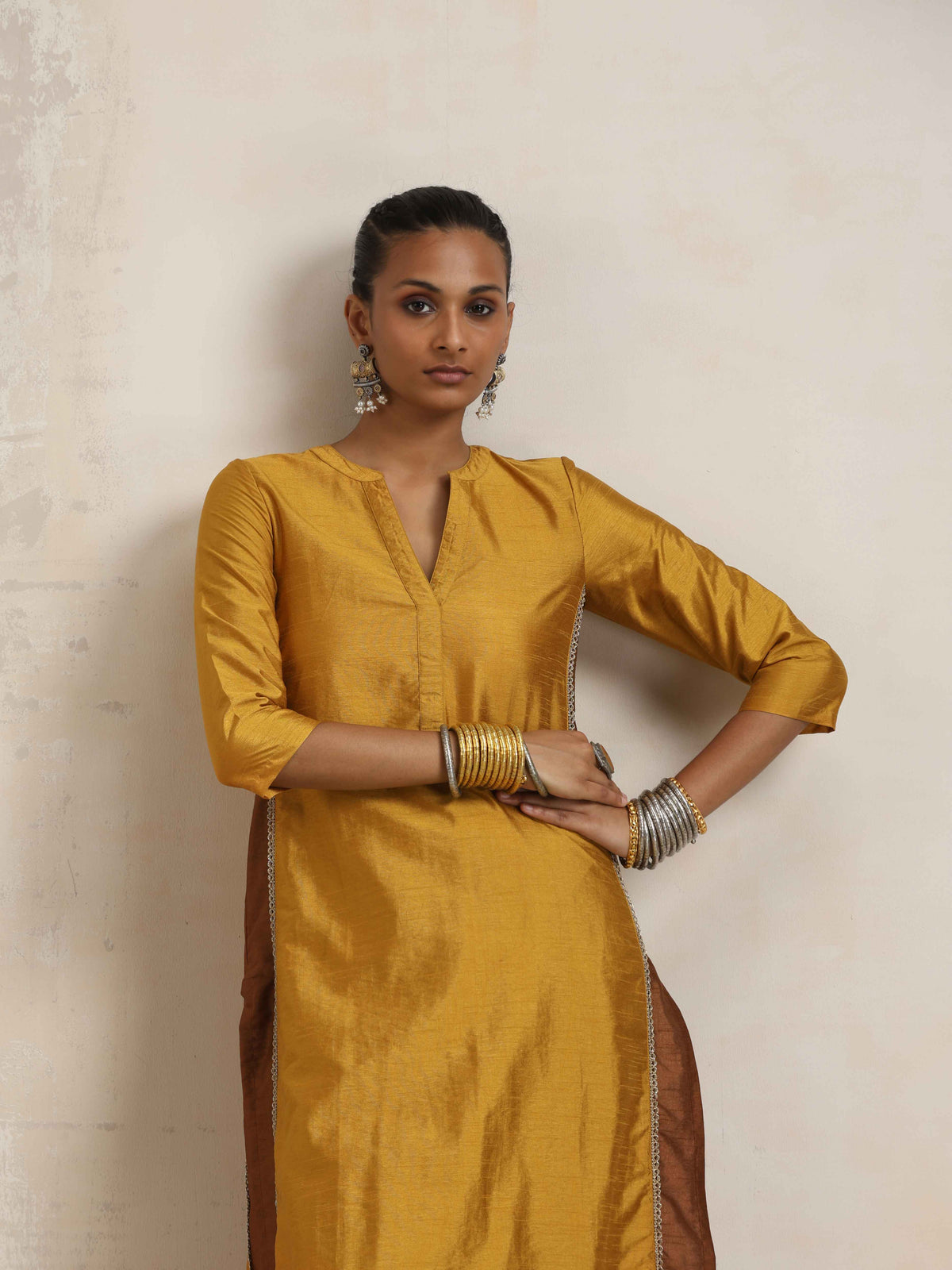 trueBrowns Gold Silk Kurta Set | Grocsy