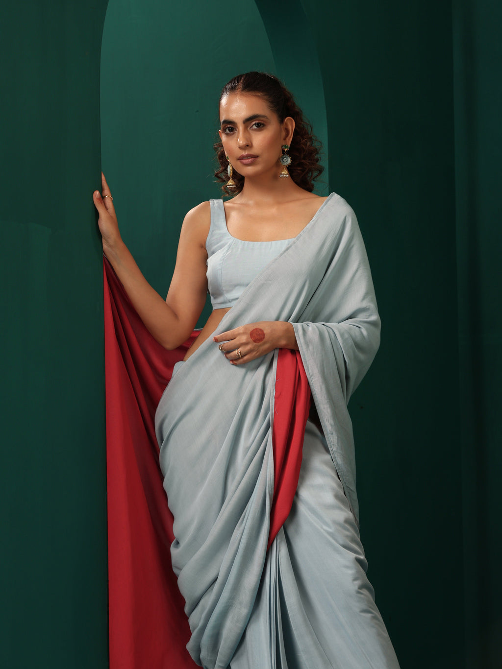 trueBrowns Powder Blue Muslin Silk Ready to Wear Saree | Grocsy
