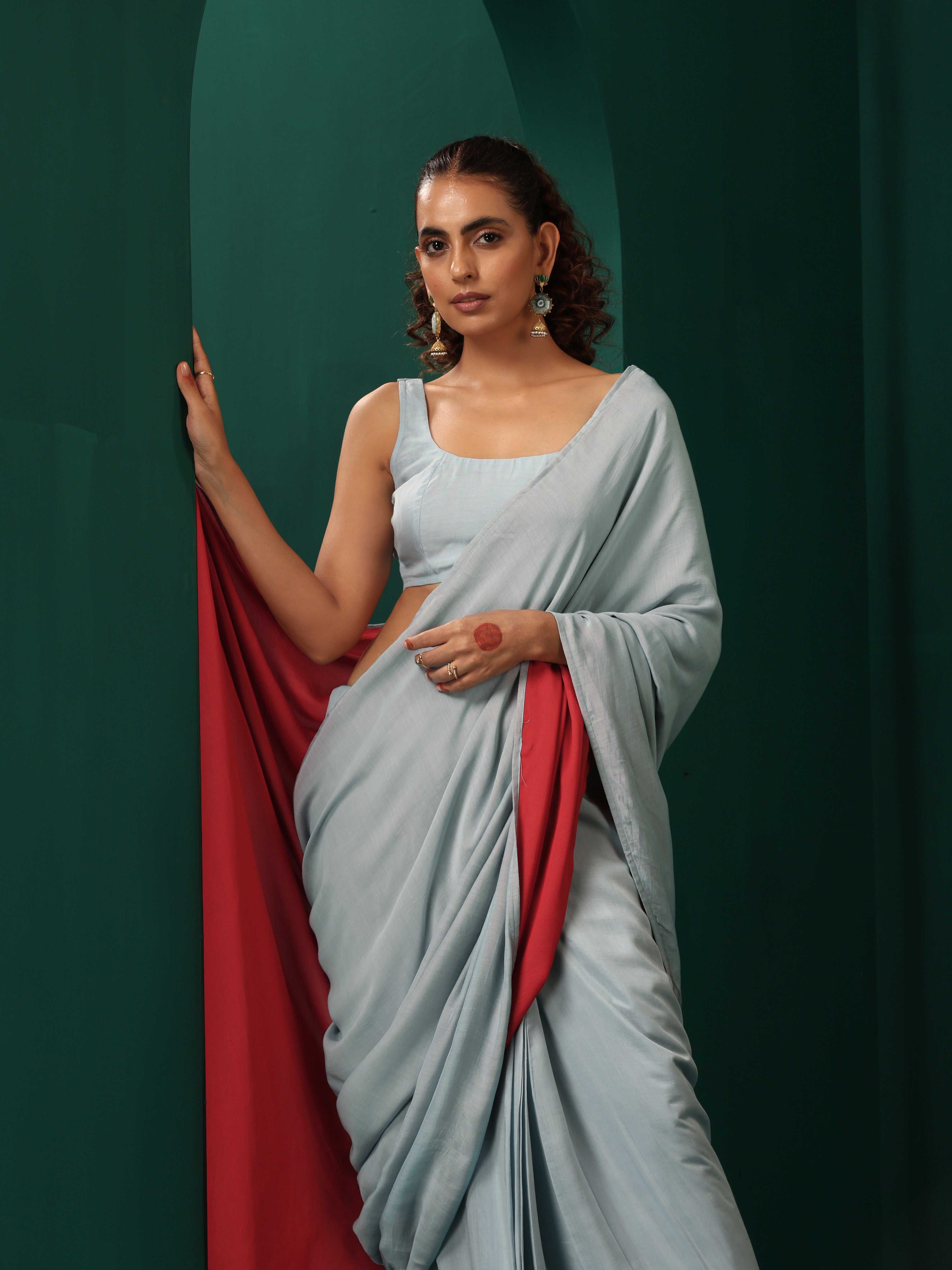trueBrowns Powder Blue Muslin Silk Ready to Wear Saree | Grocsy